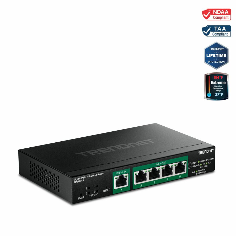 TRENDnet 5-Port Gigabit PoE++ Powered Managed Switch with PoE Passthrough, TPE-B541, 1 x Gigabit PoE++ Input, 4 x Gigabit PoE+ Output, 60W PoE Budget, NDAA TAA Compliant, Lifetime Protection